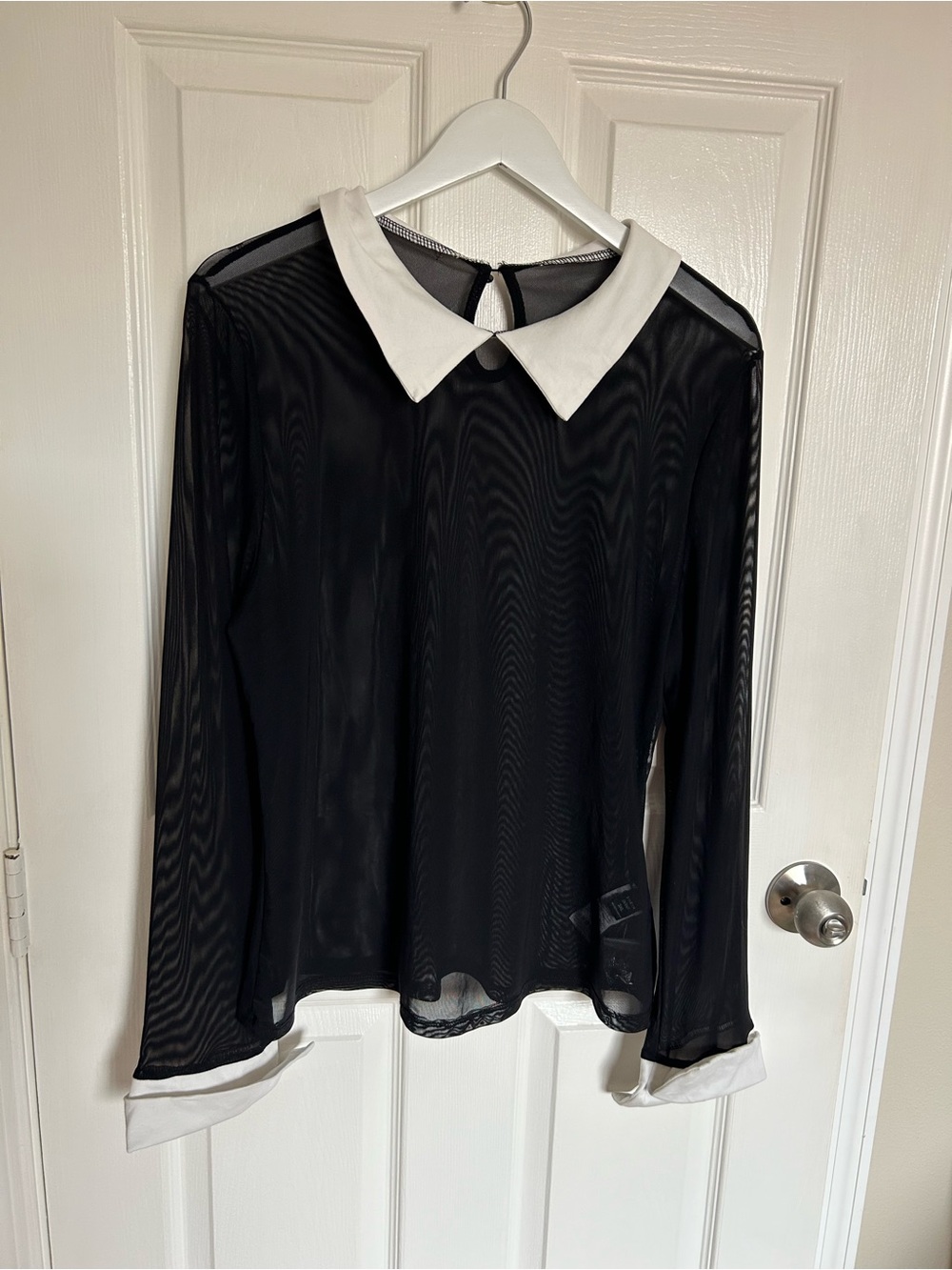 SHEIN Black Sheer Long-Sleeve Top with White Peter Pan Collar and Cuffs